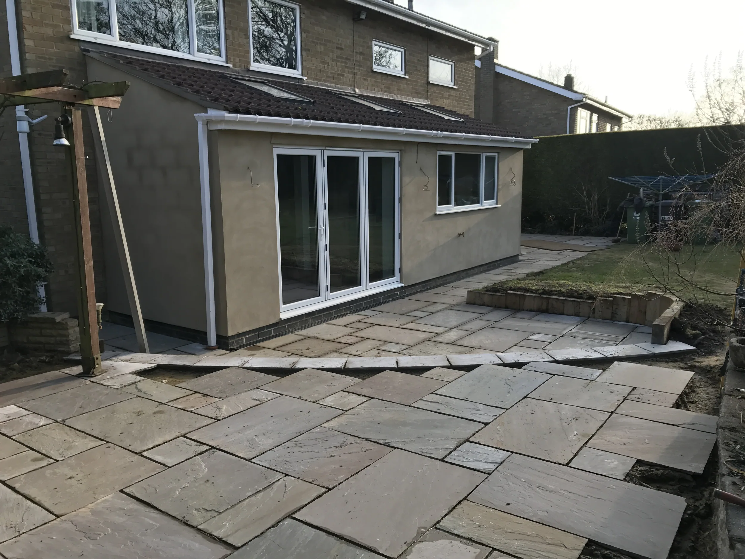 Completed Ablewood rear extension and Indian sandstone patio